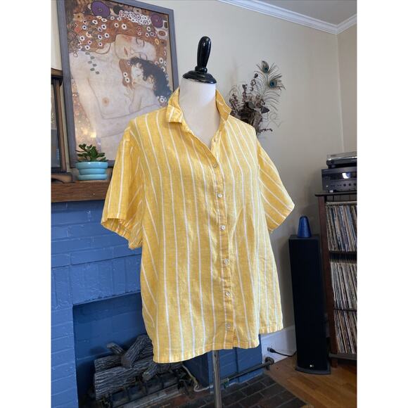 C & C California Top Womens XL 100% LINEN Off Yellow Stripe Button Up Shirt - Picture 2 of 12